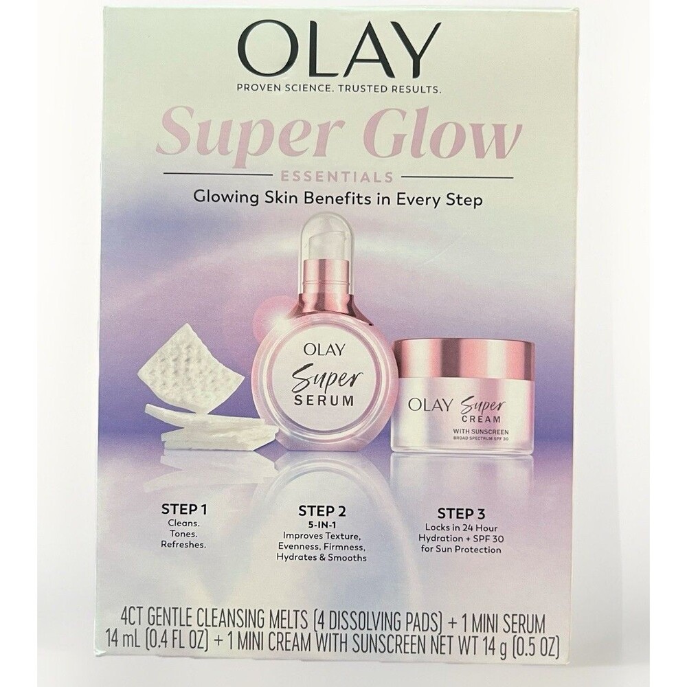 Olay Super Glow Essentials Kit Trio Cleansing Melts Serum Cream Minis Hydrate